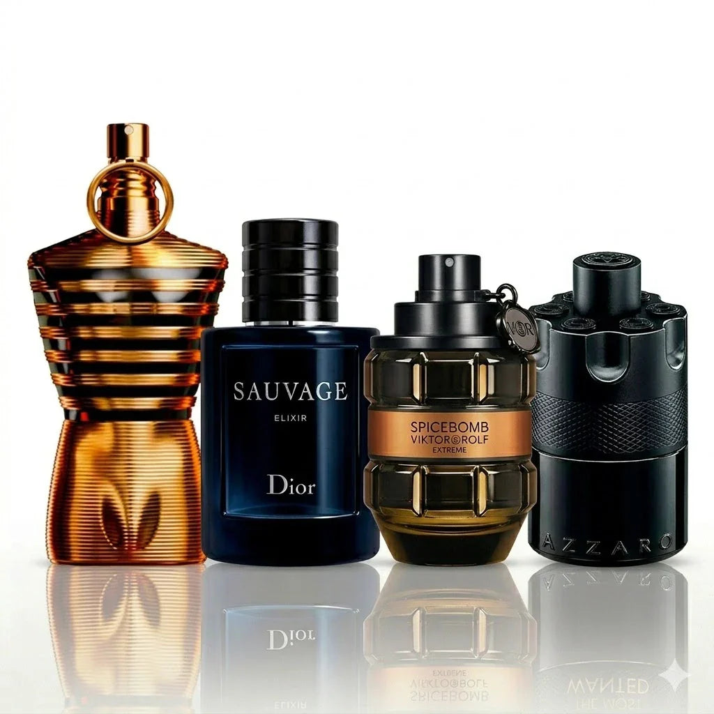 4 smaržu komplekts | Jean Paul Gaultier Le Male Elixir, Dior Sauvage Elixir, Viktor&Rolf Spicebomb Extreme, Azzaro The Most Wanted