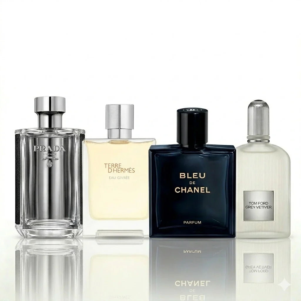 4 smaržu komplekts | Prada L’Homme, Terre d’Hermès Eau Givrée, Bleu de Chanel Parfum, Tom Ford Grey Vetiver