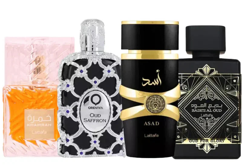 4 smaržu komplekts | Asad, Oud For Glory, Khamrah, Oud Saffron
