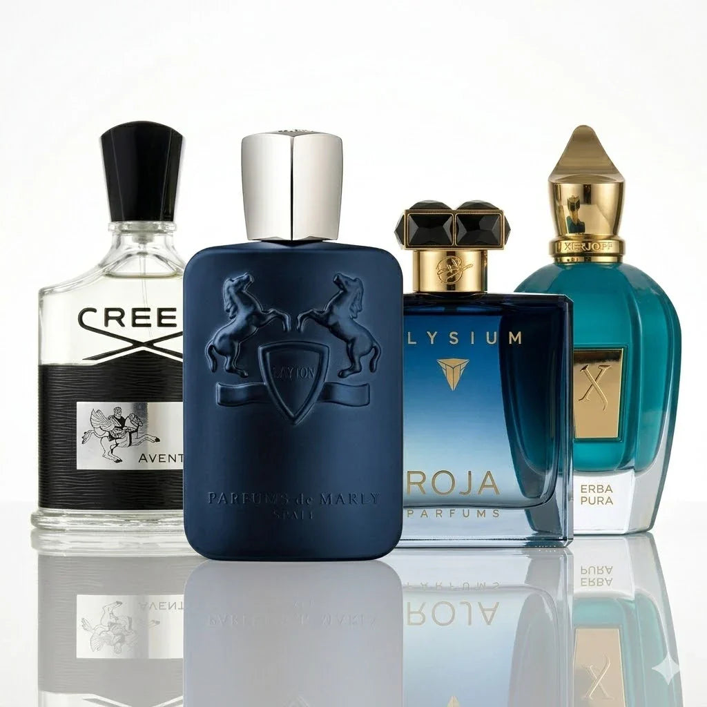4 smaržu komplekts | Creed Aventus, Parfums de Marly Layton, Roja Elysium, Xerjoff Erba Pura.
