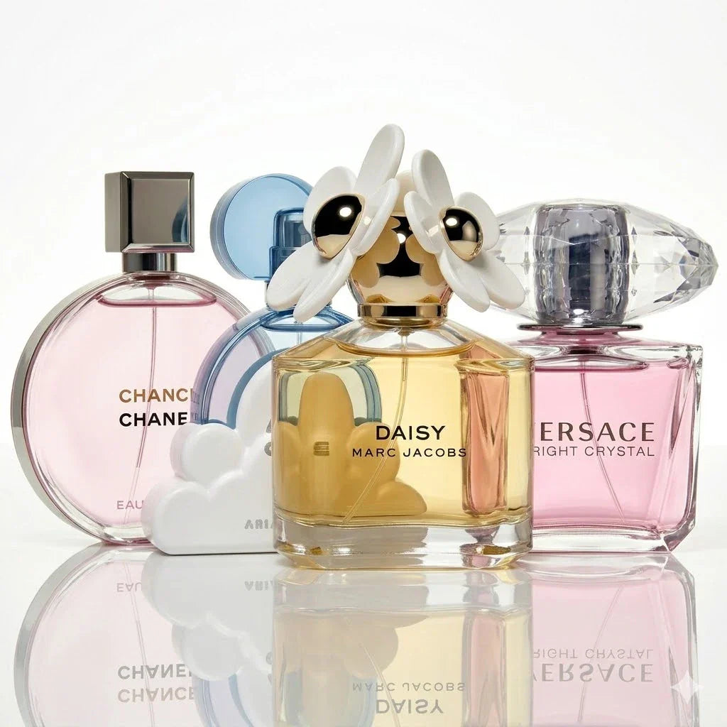 4 smaržu komplekts | Chanel Chance Eau Tendre, Ariana Grande Cloud, Marc Jacobs Daisy, Versace Bright Crystal.