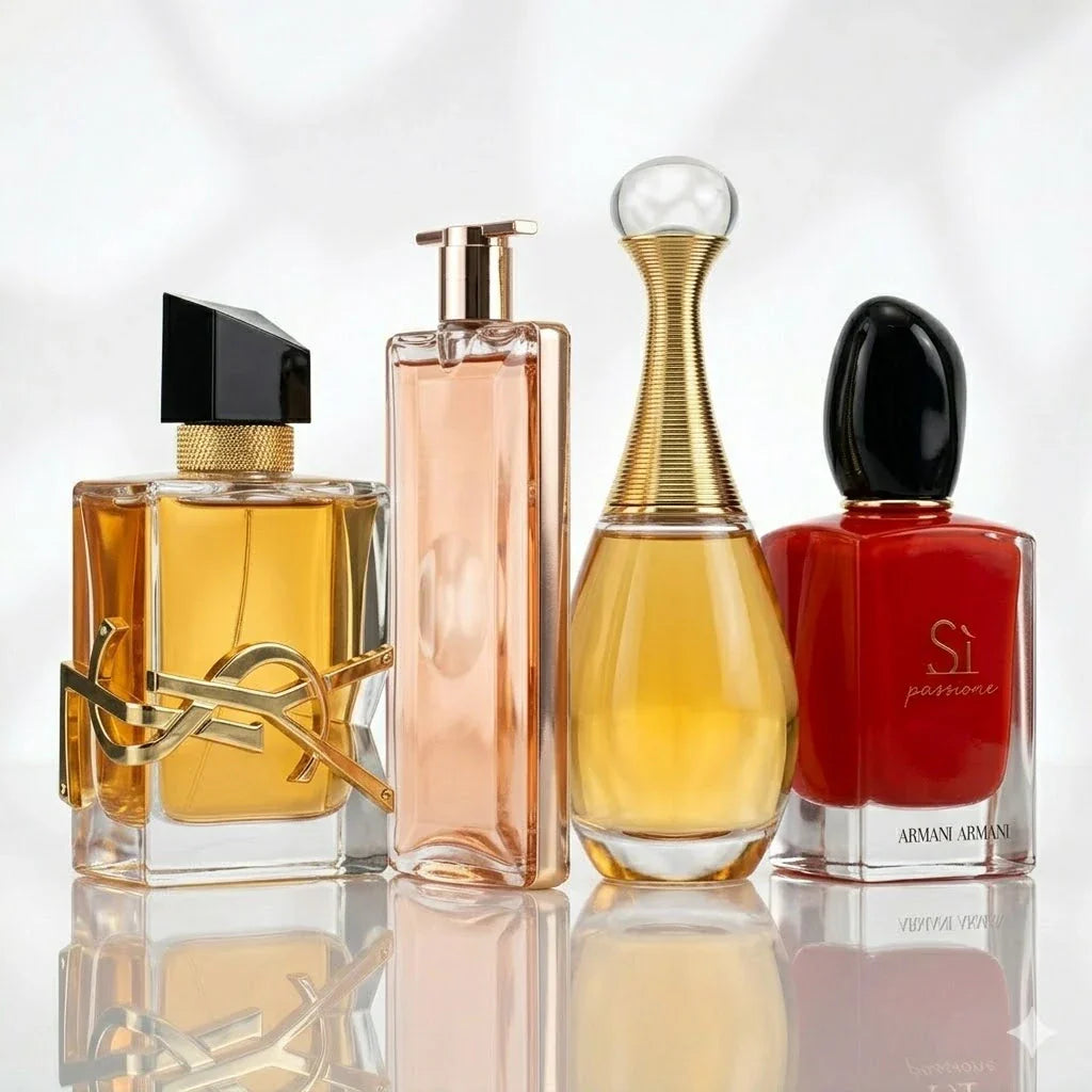 4 smaržu komplekts | YSL Libre Intense, Lancôme Idôle Now, Dior J'adore, Armani Sì Passione.