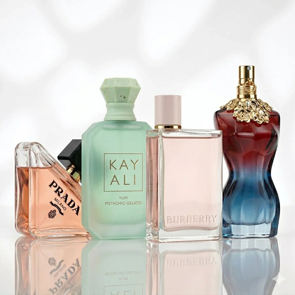 4 smaržu komplekts | Prada Paradoxe, Kayali Yum Pistachio Gelato, Burberry Her, Jean Paul Gaultier La Belle.