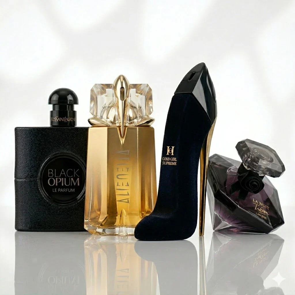 4 smaržu komplekts | YSL Black Opium Le Parfum, Mugler Alien Goddess, Carolina Herrera Good Girl Supreme, Lancôme La Nuit Trésor