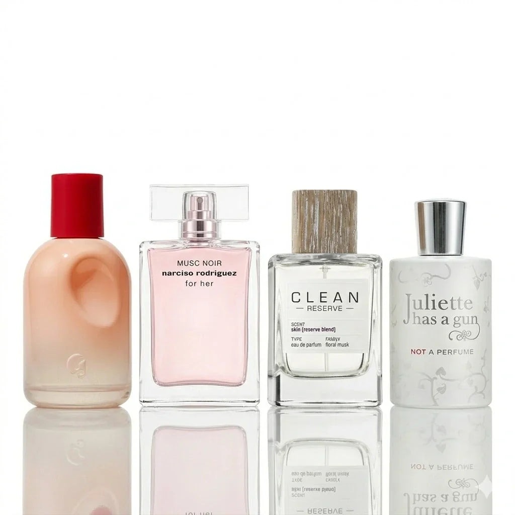 4 smaržu komplekts | Glossier You, Narciso Rodriguez For Her Musc Noir, Clean Reserve Skin, Juliette Has A Gun Not A Perfume