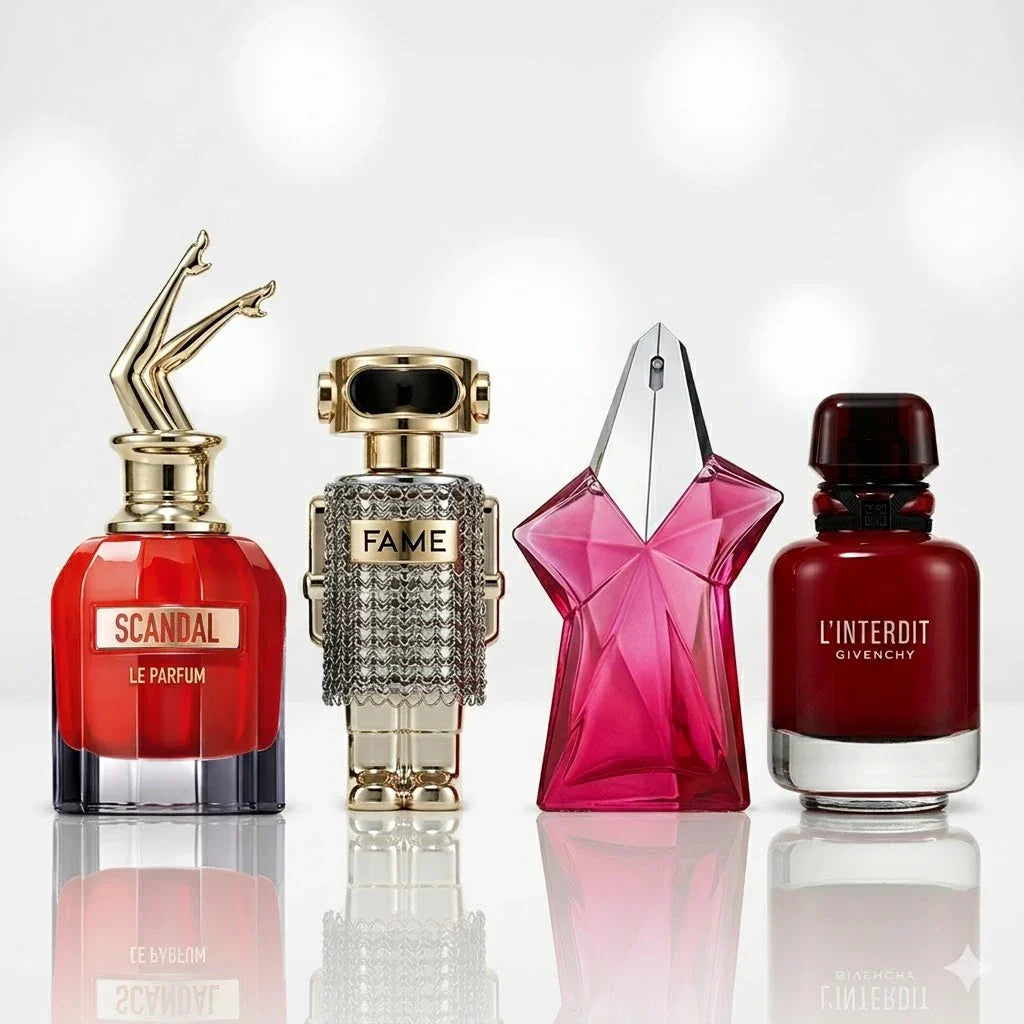 4 smaržu komplekts | Jean Paul Gaultier Scandal Le Parfum, Paco Rabanne Fame, Mugler Angel Nova, Givenchy L'Interdit Rouge