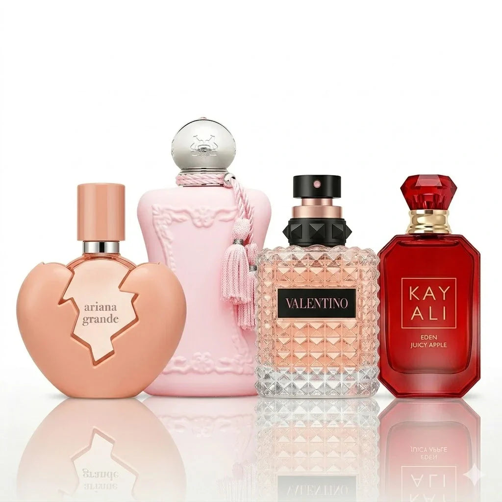 4 smaržu komplekts | Ariana Grande Thank U Next, Parfums de Marly Delina Exclusif, Valentino Donna Born In Roma e Kayali Eden Juicy Apple.