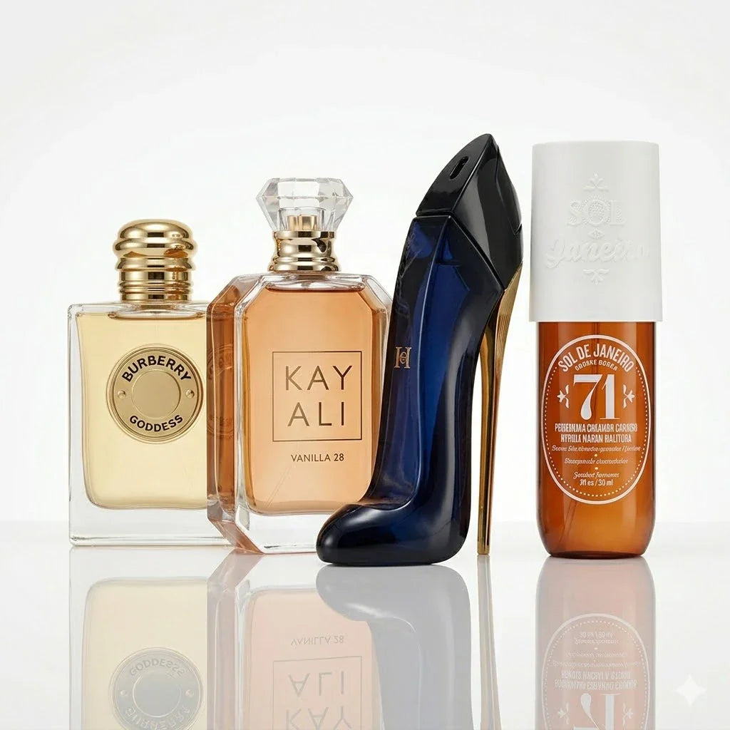 4 smaržu komplekts | Burberry Goddess, Kayali Vanilla 28, CH Good Girl, Sol de Janeiro '71.
