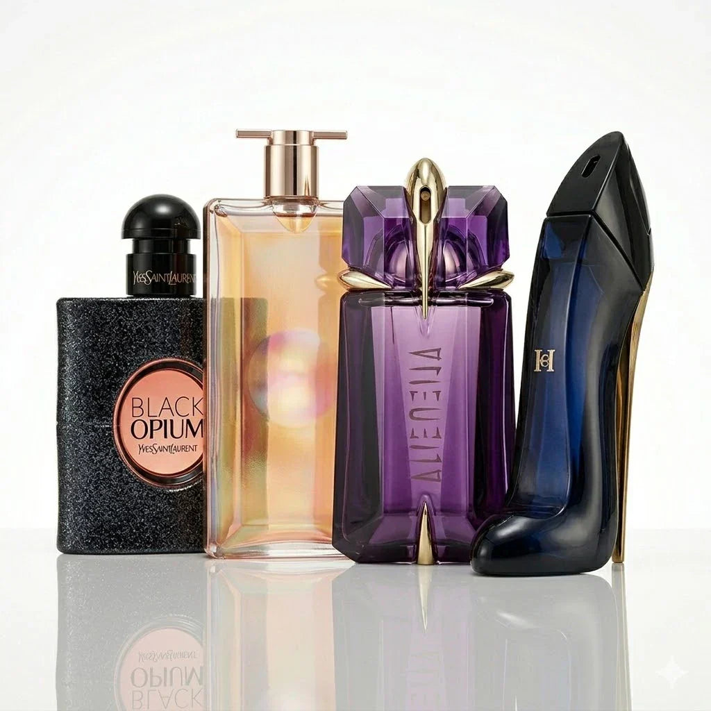 4 smaržu komplekts | YSL Black Opium, Lancôme Idôle, Mugler Alien, Carolina Herrera Good Girl.